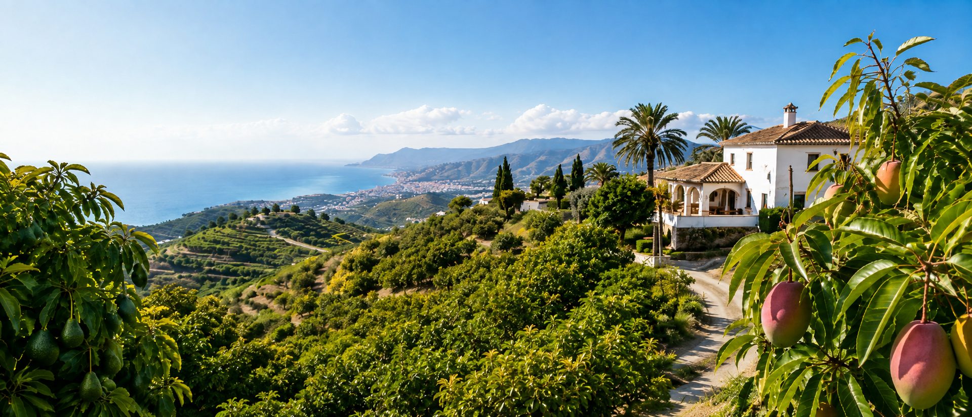 La Costa Tropical de Granada: el mar al fondo y fincas de mango y aguacate en las laderas
